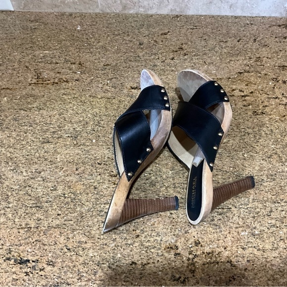 Michael Kors Black Leather Criss Cross Open Toed Mule with Wooden Sole Sz 8.5M - Picture 4 of 6